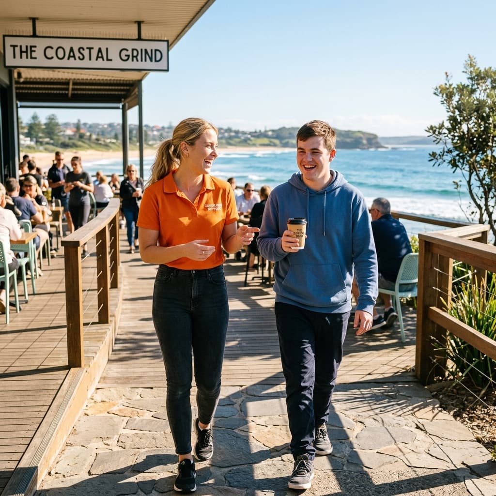 Participant and support worker enjoying a community walk
